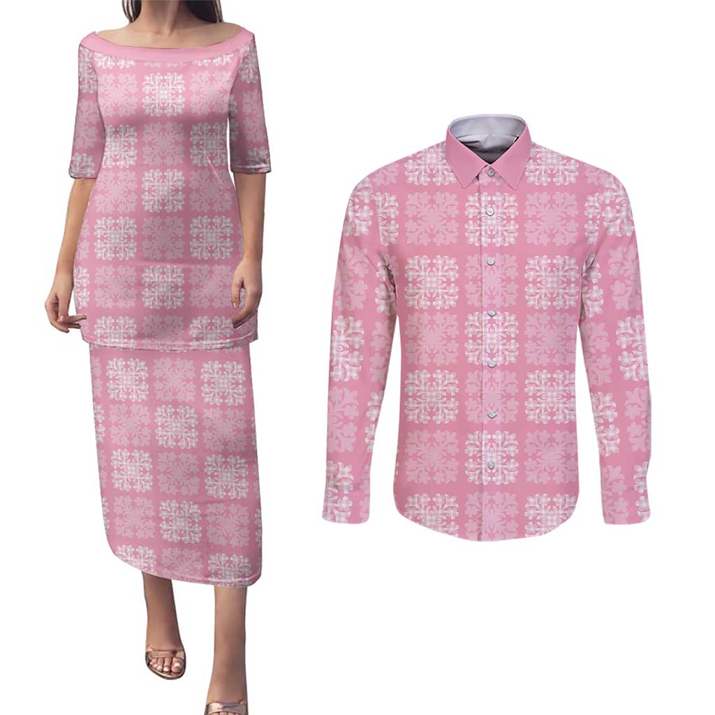 Pink Palaka Quilt Hawaii Couples Matching Puletasi and Long Sleeve Button Shirt Traditional Hawaii-plaid Pattern LT14 Pink - Polynesian Pride