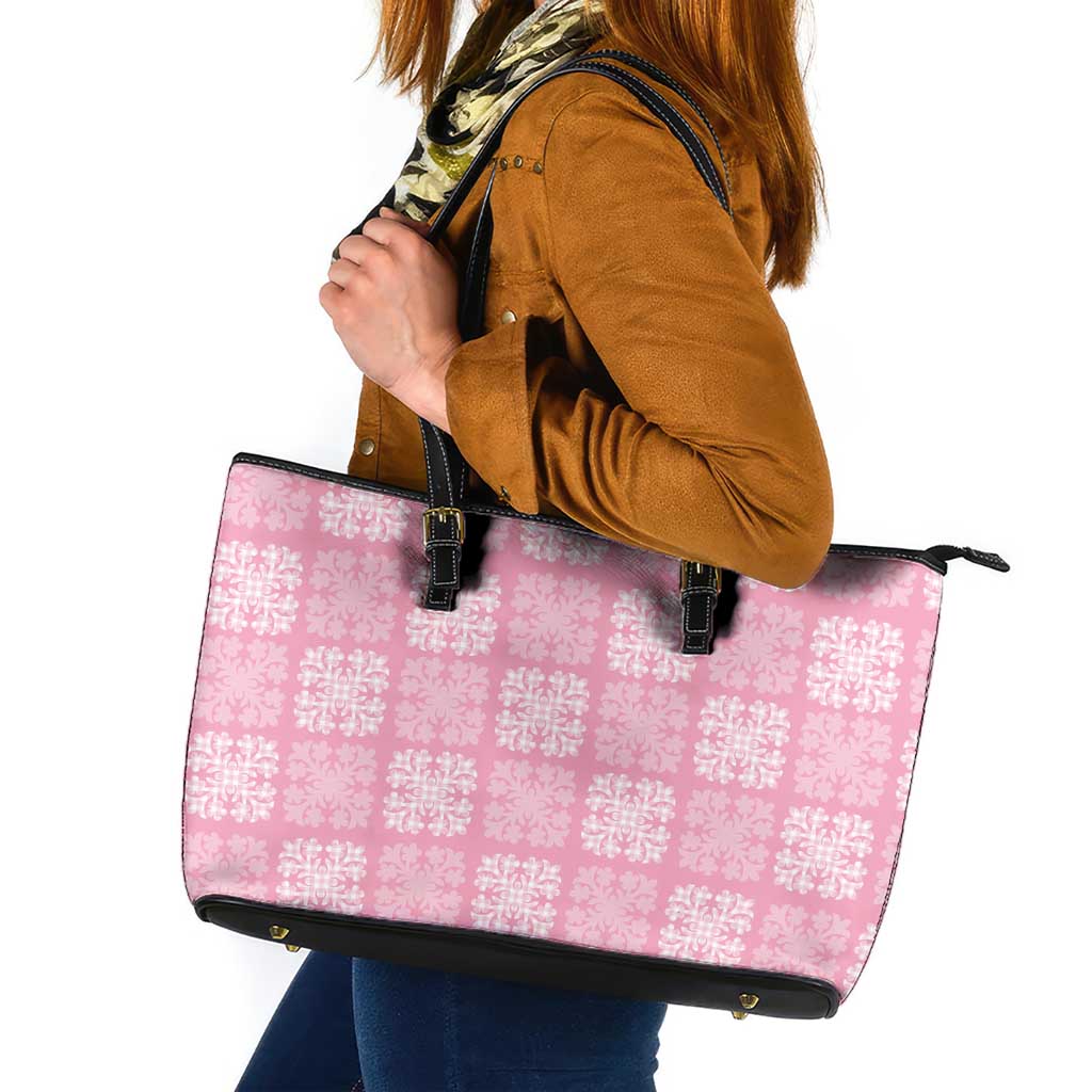 Pink Palaka Quilt Hawaii Leather Tote Bag Traditional Hawaii-plaid Pattern - Polynesian Pride