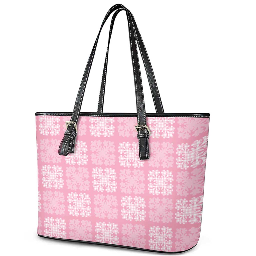 Pink Palaka Quilt Hawaii Leather Tote Bag Traditional Hawaii-plaid Pattern - Polynesian Pride