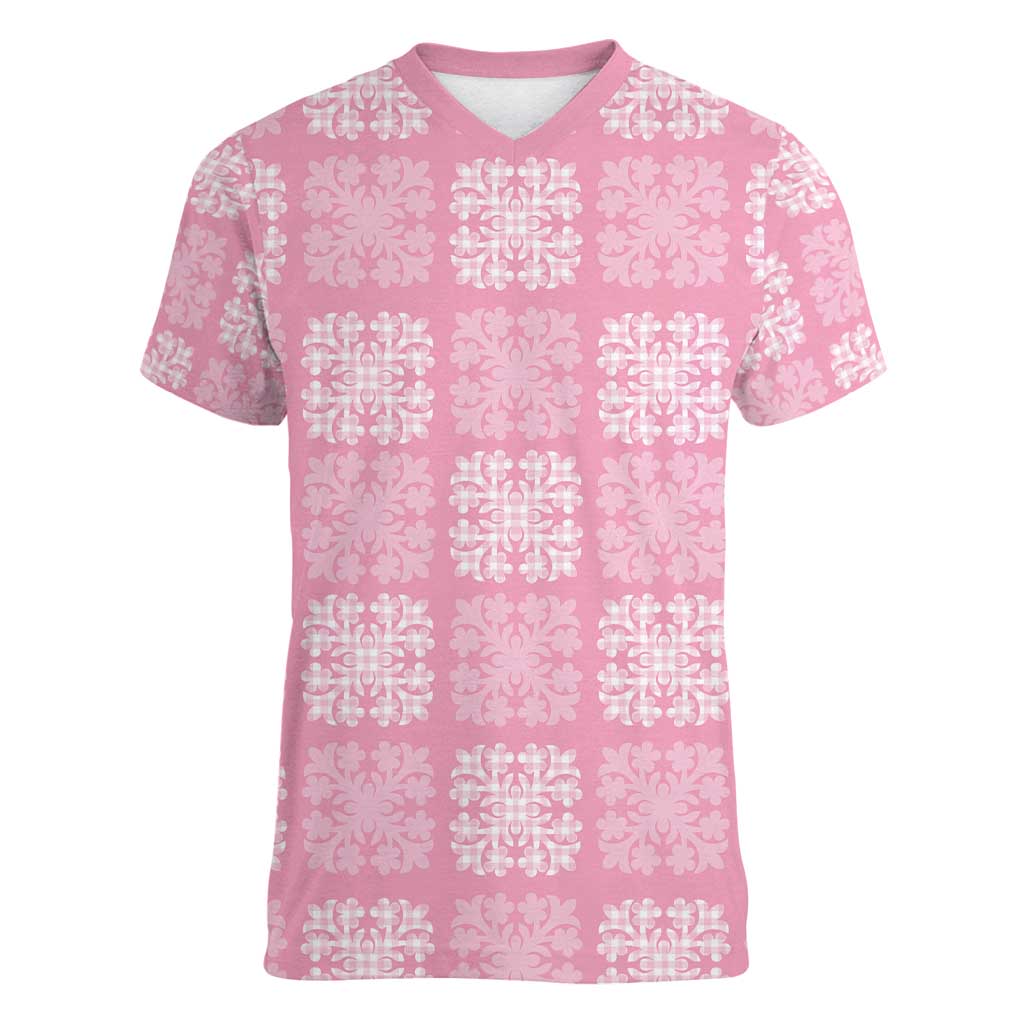 Pink Palaka Quilt Hawaii Women V-Neck T-Shirt Traditional Hawaii-plaid Pattern LT14 Female Pink - Polynesian Pride