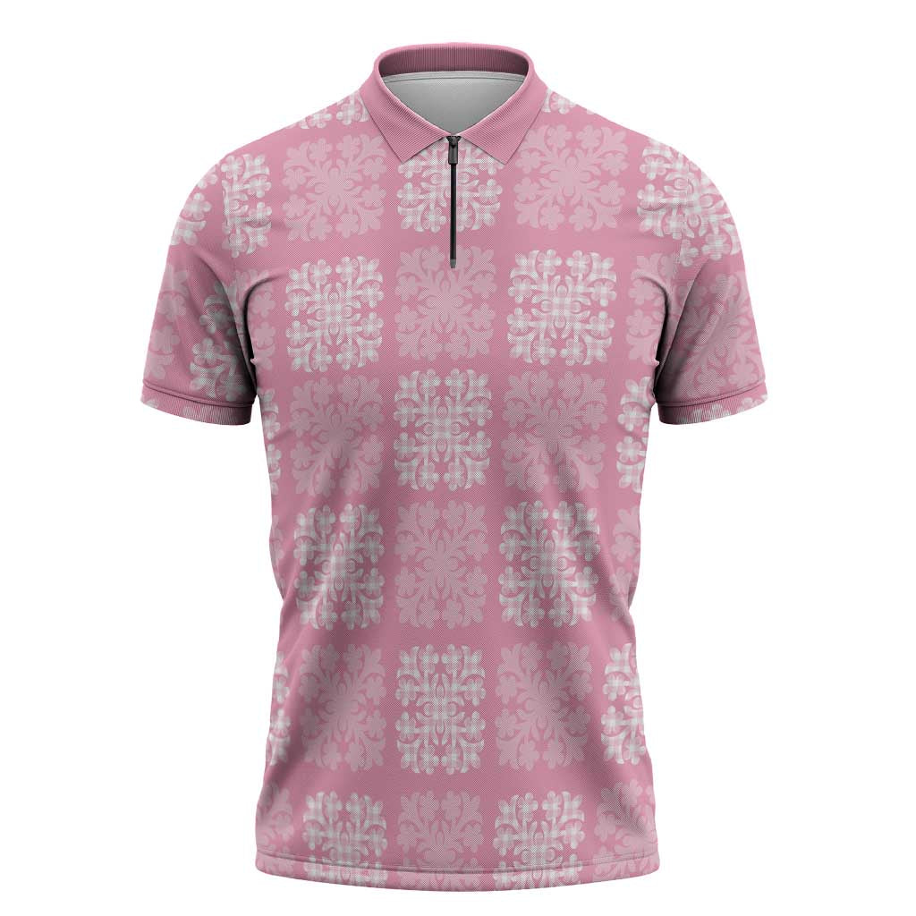 Pink Palaka Quilt Hawaii Zipper Polo Shirt Traditional Hawaii-plaid Pattern - Polynesian Pride
