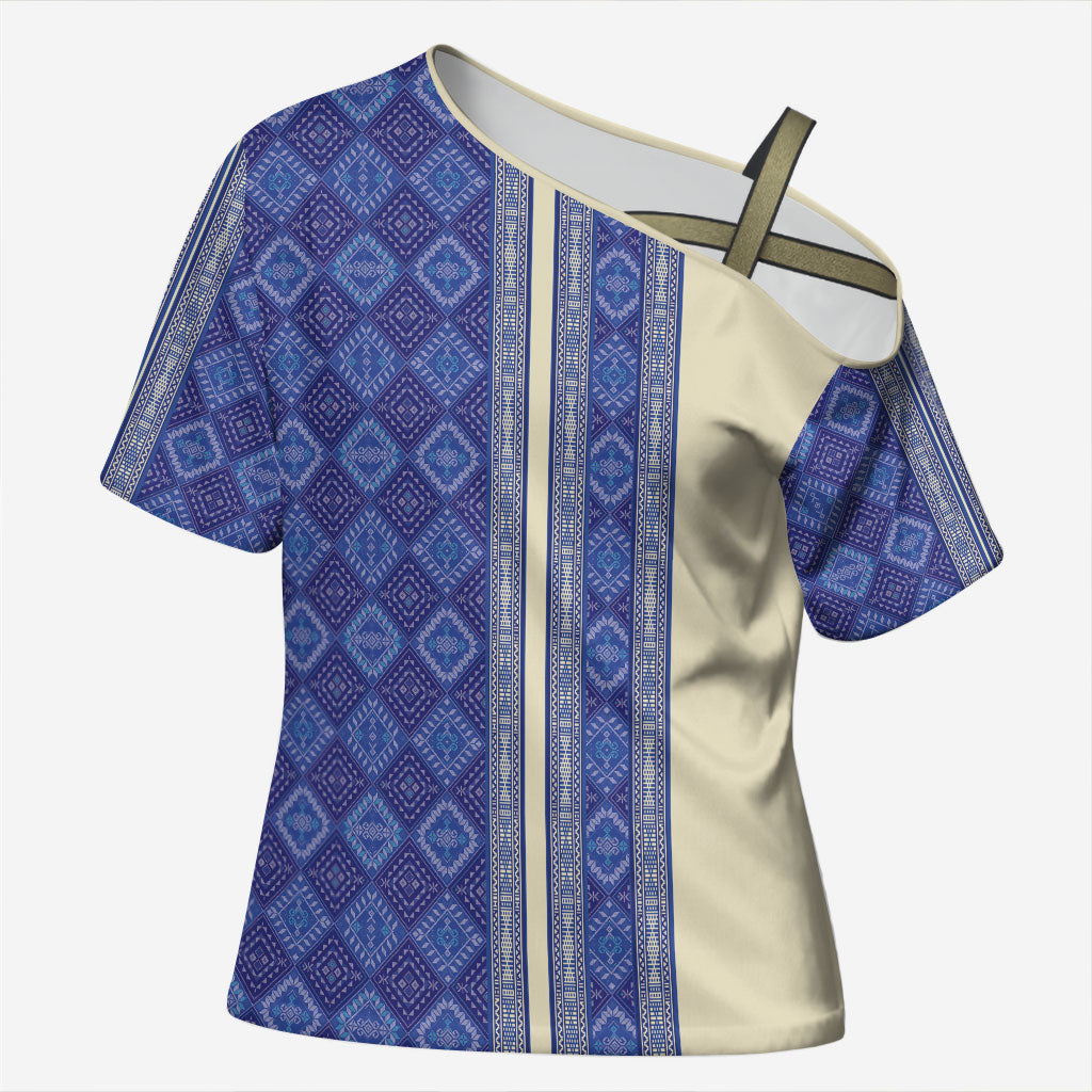 Mabuhay Philippines Festival Cross Shoulder Shirt Yakan Modern Filipiniana Inspired LT14 Female Blue - Polynesian Pride
