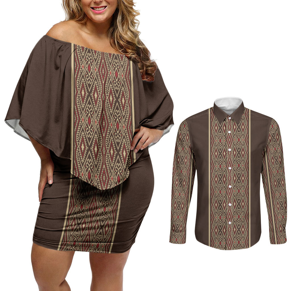 Mabuhay Philippines Festival Couples Matching Off Shoulder Short Dress and Long Sleeve Button Shirt Tnalak Modern Filipiniana Inspired