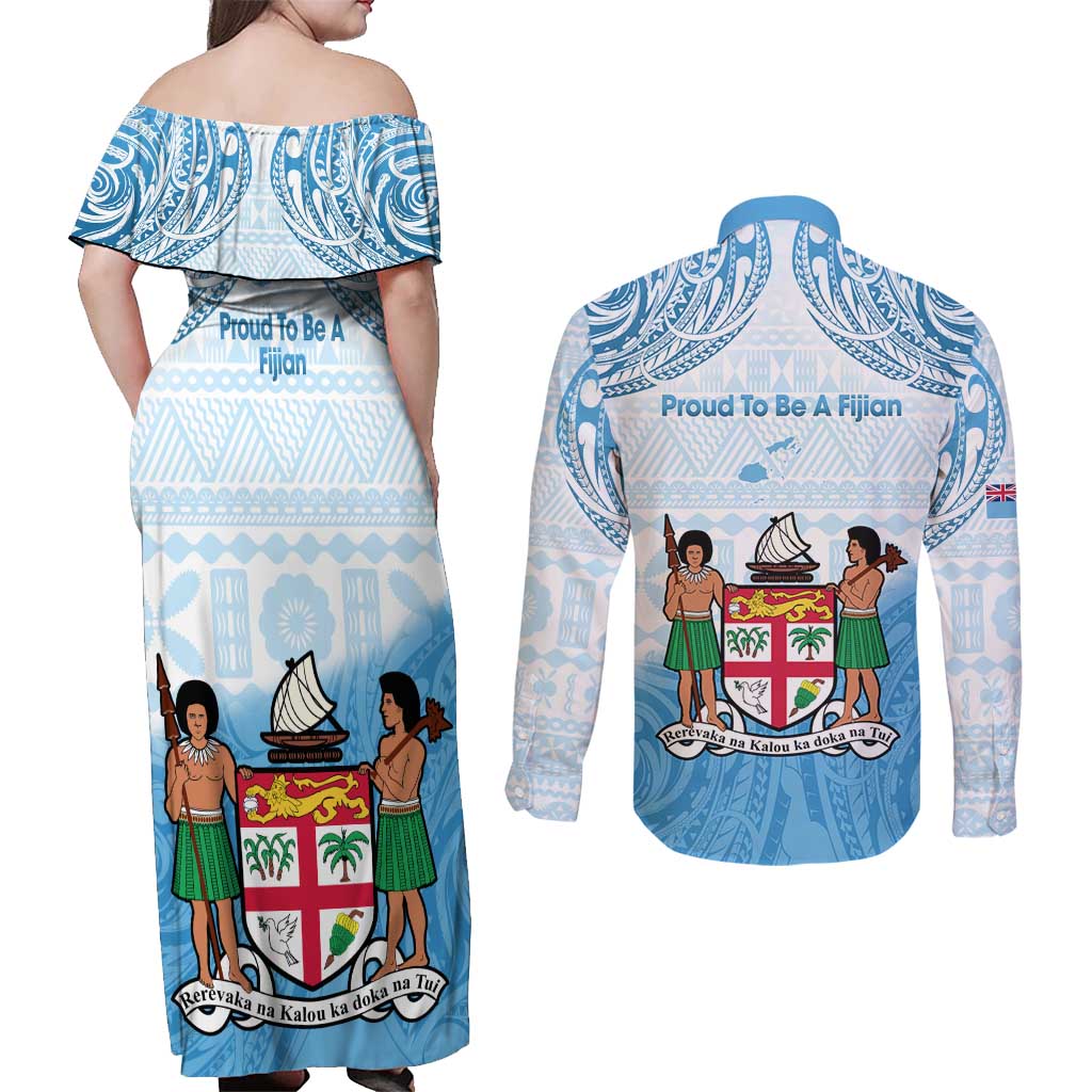 Fiji Day 1970 Couples Matching Off Shoulder Maxi Dress and Long Sleeve Button Shirt Proud To Be A Fijian Tapa Pattern
