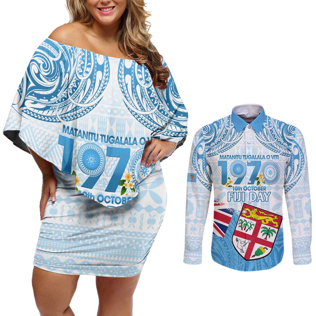 Fiji Day 1970 Couples Matching Off Shoulder Short Dress and Long Sleeve Button Shirt Proud To Be A Fijian Tapa Pattern