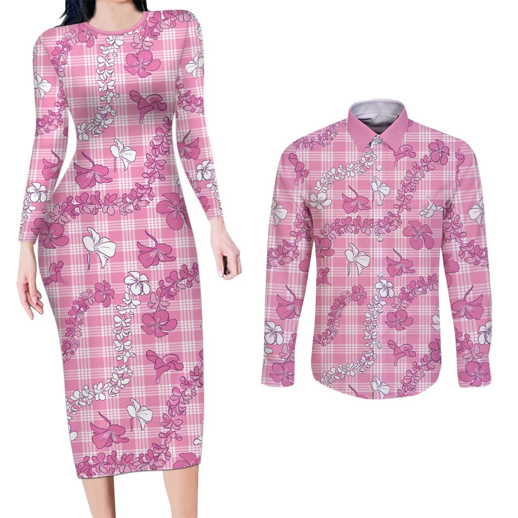 Alaka Aloha Hawaii Couples Matching Long Sleeve Bodycon Dress and Long Sleeve Button Shirt Plumeria Lei With Palaka Motif - Polynesian Pride