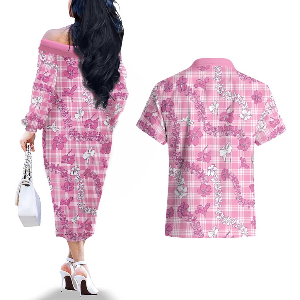 Alaka Aloha Hawaii Couples Matching Off The Shoulder Long Sleeve Dress and Hawaiian Shirt Plumeria Lei With Palaka Motif - Polynesian Pride