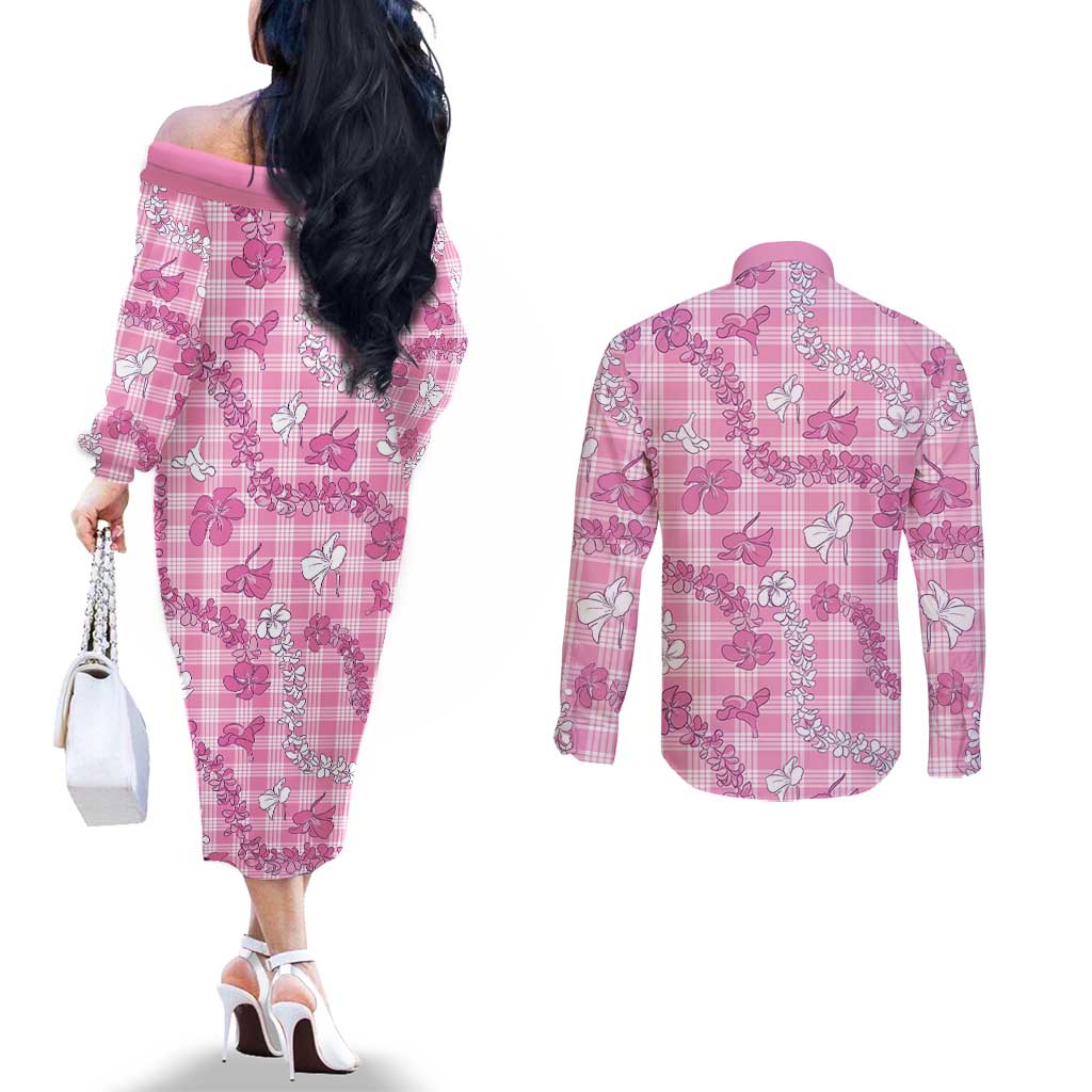 Alaka Aloha Hawaii Couples Matching Off The Shoulder Long Sleeve Dress and Long Sleeve Button Shirt Plumeria Lei With Palaka Motif - Polynesian Pride