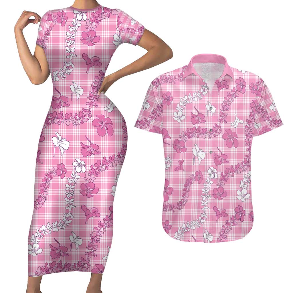 Alaka Aloha Hawaii Couples Matching Short Sleeve Bodycon Dress and Hawaiian Shirt Plumeria Lei With Palaka Motif - Polynesian Pride