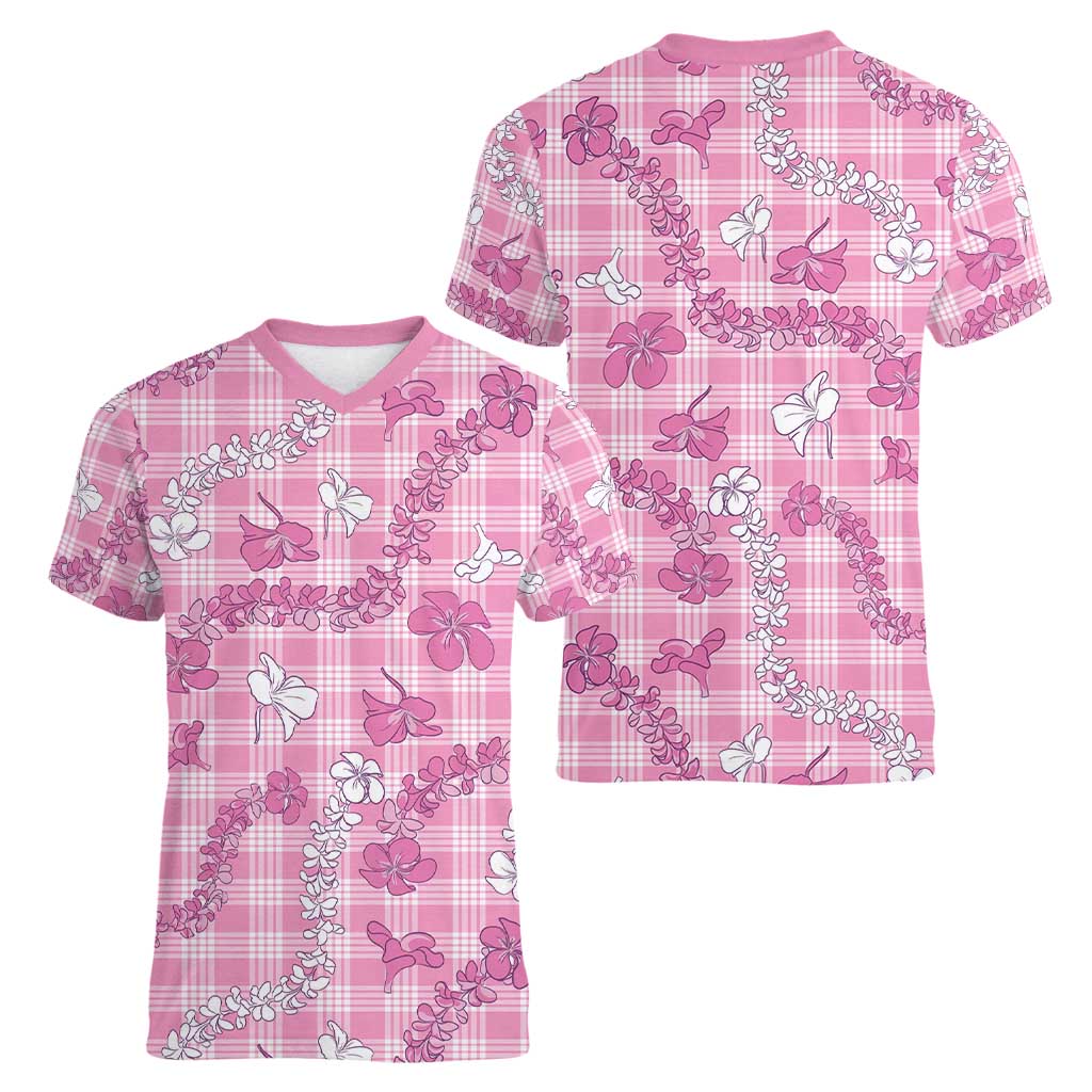 Alaka Aloha Hawaii Women V-Neck T-Shirt Plumeria Lei With Palaka Motif - Polynesian Pride