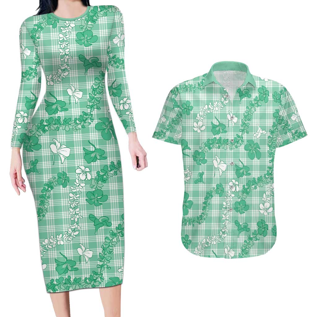 Omaomao Aloha Hawaii Couples Matching Long Sleeve Bodycon Dress and Hawaiian Shirt Plumeria Lei With Palaka Motif - Polynesian Pride