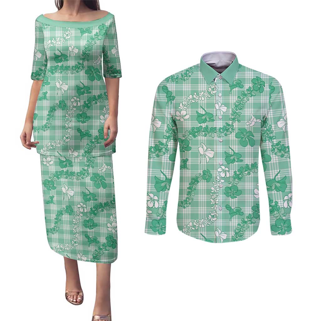 Omaomao Aloha Hawaii Couples Matching Puletasi and Long Sleeve Button Shirt Plumeria Lei With Palaka Motif - Polynesian Pride