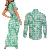 Omaomao Aloha Hawaii Couples Matching Short Sleeve Bodycon Dress and Long Sleeve Button Shirt Plumeria Lei With Palaka Motif - Polynesian Pride