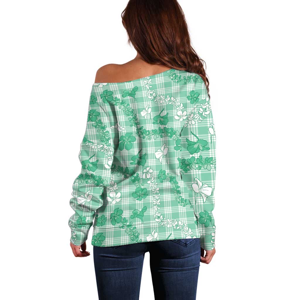 Omaomao Aloha Hawaii Off Shoulder Sweater Plumeria Lei With Palaka Motif - Polynesian Pride