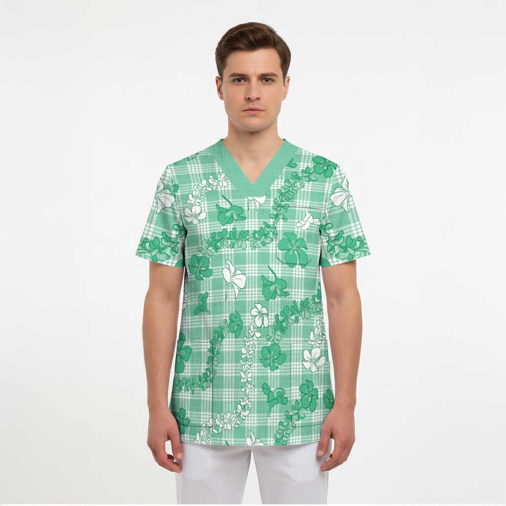 Omaomao Aloha Hawaii Scrub Top Plumeria Lei With Palaka Motif - Polynesian Pride