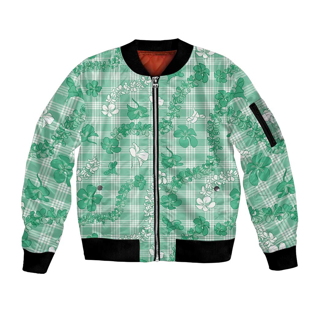 Omaomao Aloha Hawaii Sleeve Zip Bomber Jacket Plumeria Lei With Palaka Motif LT14 Unisex Green - Polynesian Pride