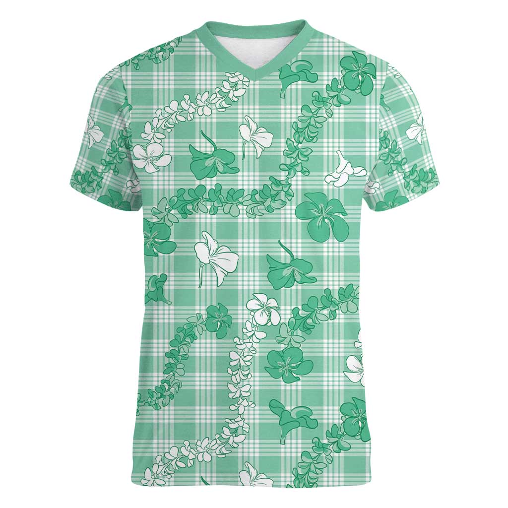 Omaomao Aloha Hawaii Women V-Neck T-Shirt Plumeria Lei With Palaka Motif - Polynesian Pride