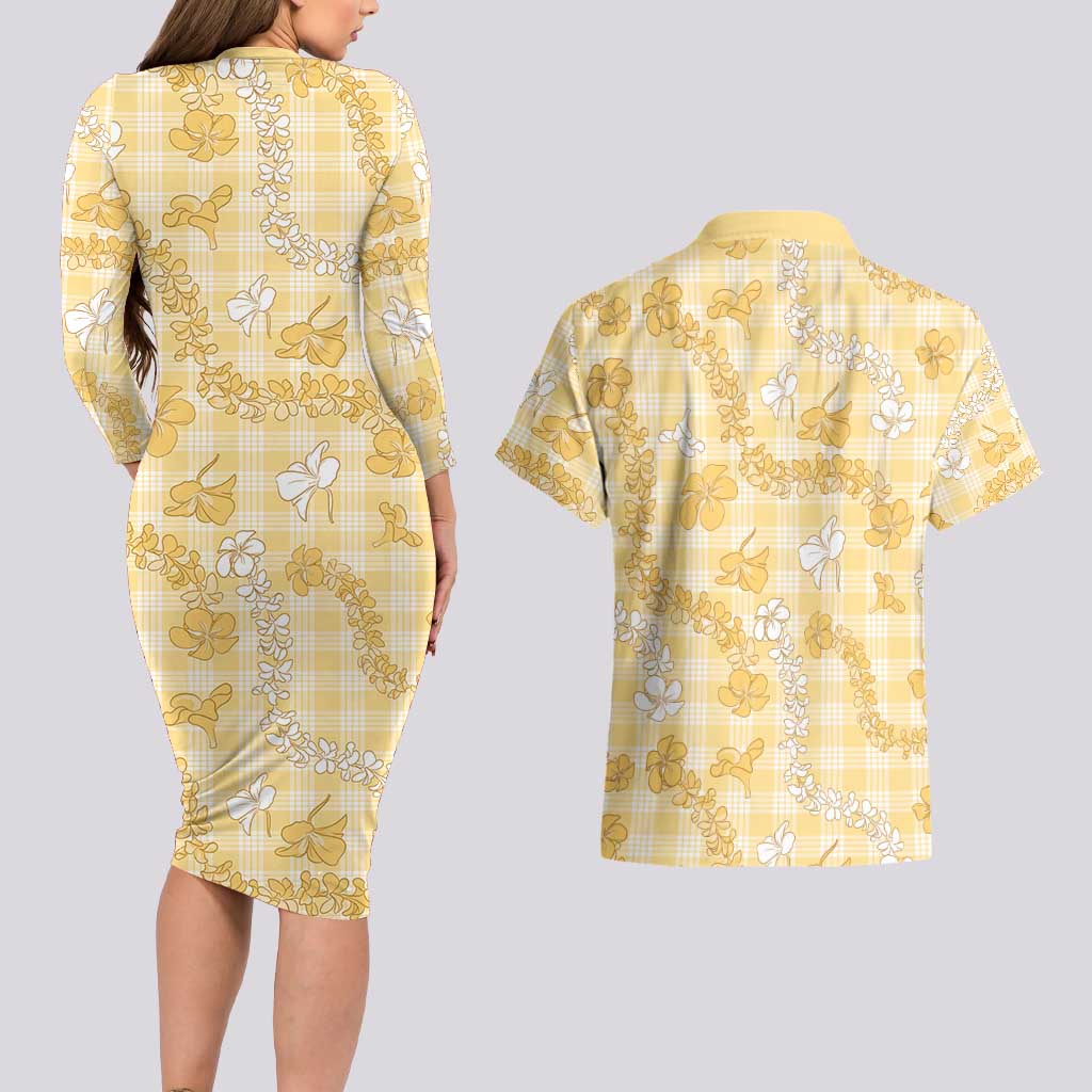 Melemele Aloha Hawaii Couples Matching Long Sleeve Bodycon Dress and Hawaiian Shirt Plumeria Lei With Palaka Motif - Polynesian Pride