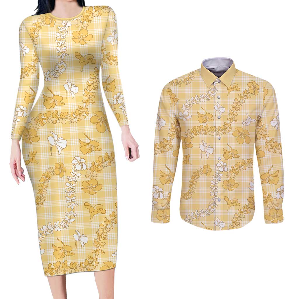 Melemele Aloha Hawaii Couples Matching Long Sleeve Bodycon Dress and Long Sleeve Button Shirt Plumeria Lei With Palaka Motif - Polynesian Pride