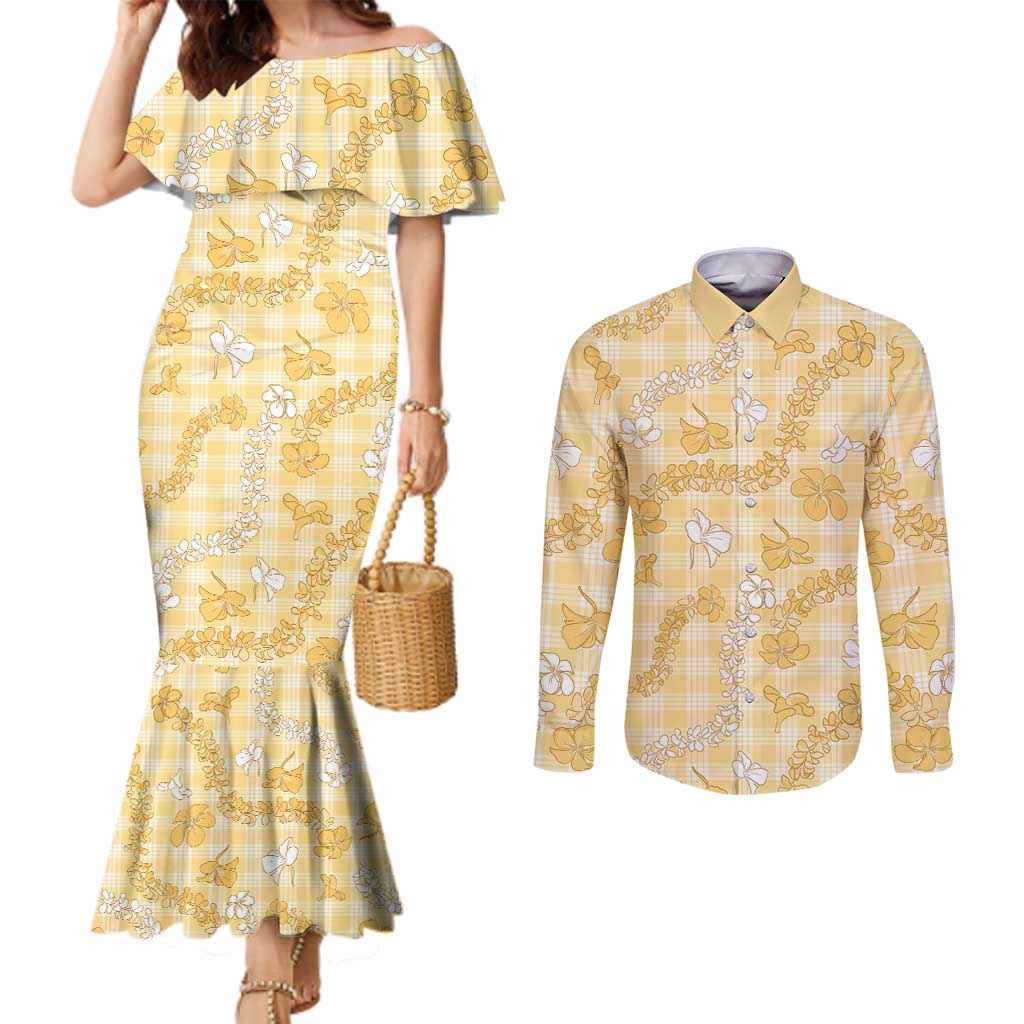Melemele Aloha Hawaii Couples Matching Mermaid Dress and Long Sleeve Button Shirt Plumeria Lei With Palaka Motif - Polynesian Pride