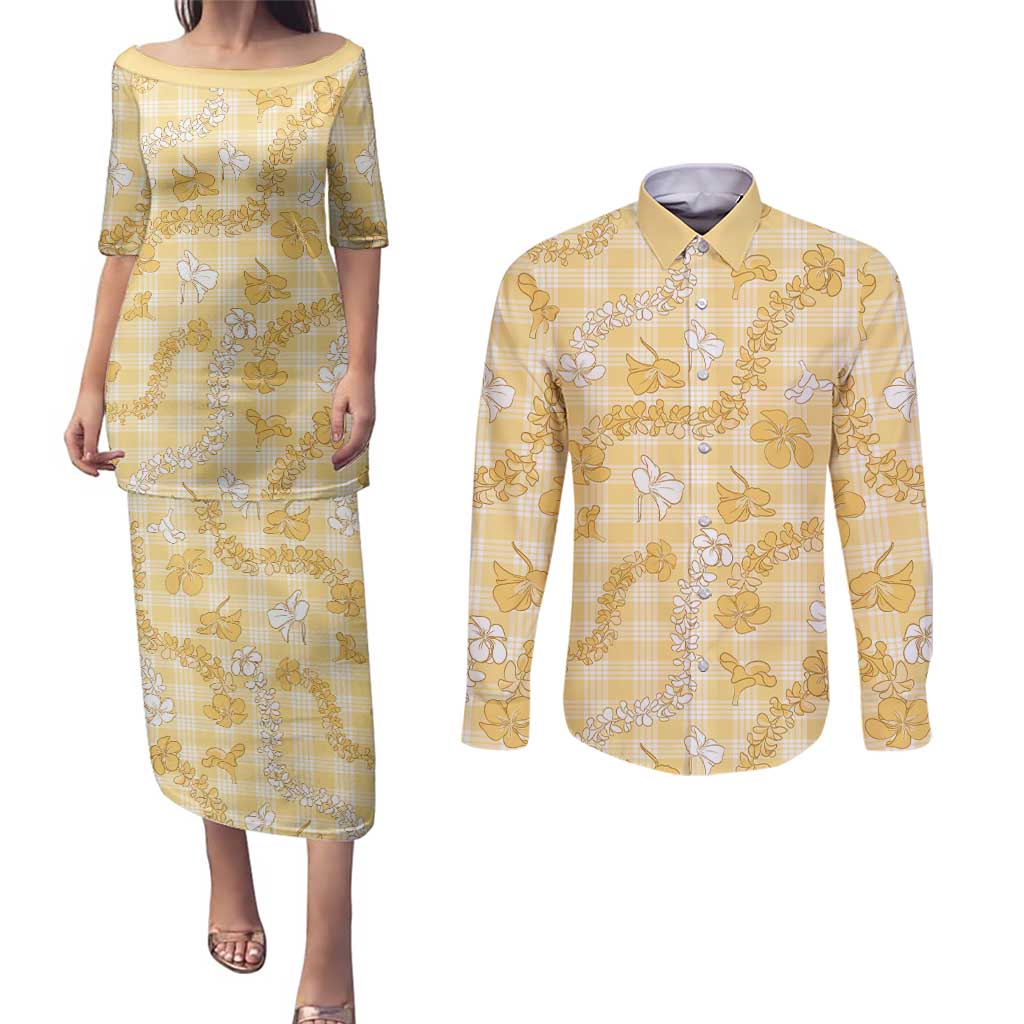 Melemele Aloha Hawaii Couples Matching Puletasi and Long Sleeve Button Shirt Plumeria Lei With Palaka Motif - Polynesian Pride