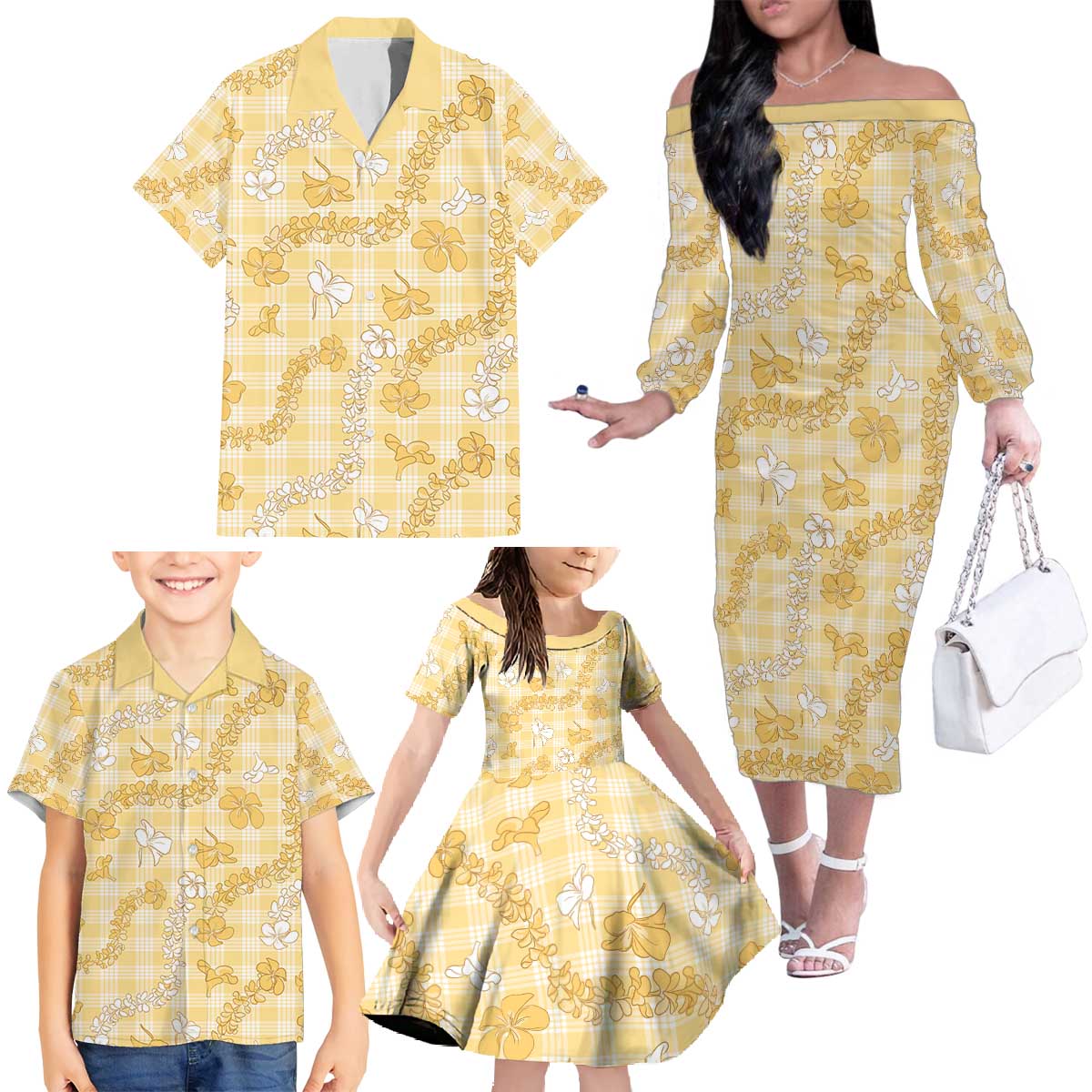 Melemele Aloha Hawaii Family Matching Off The Shoulder Long Sleeve Dress and Hawaiian Shirt Plumeria Lei With Palaka Motif - Polynesian Pride