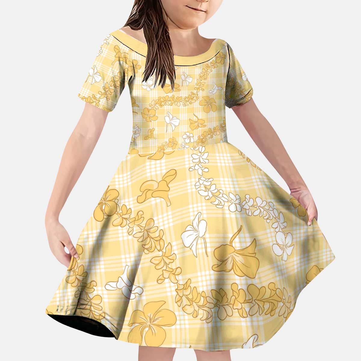 Melemele Aloha Hawaii Kid Short Sleeve Dress Plumeria Lei With Palaka Motif - Polynesian Pride