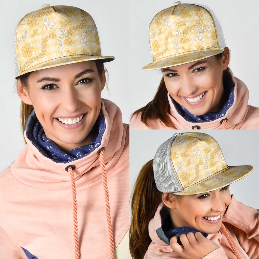 Melemele Aloha Hawaii Mesh Trucker Cap Plumeria Lei With Palaka Motif LT14 - Polynesian Pride