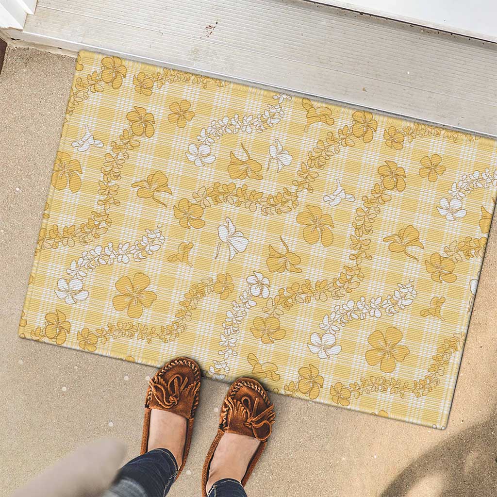 Melemele Aloha Hawaii Rubber Doormat Plumeria Lei With Palaka Motif - Polynesian Pride