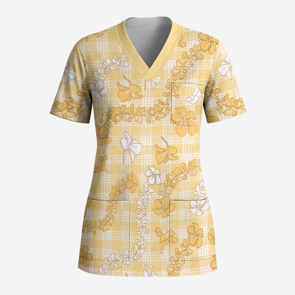 Melemele Aloha Hawaii Scrub Top Plumeria Lei With Palaka Motif - Polynesian Pride