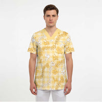 Melemele Aloha Hawaii Scrub Top Plumeria Lei With Palaka Motif - Polynesian Pride