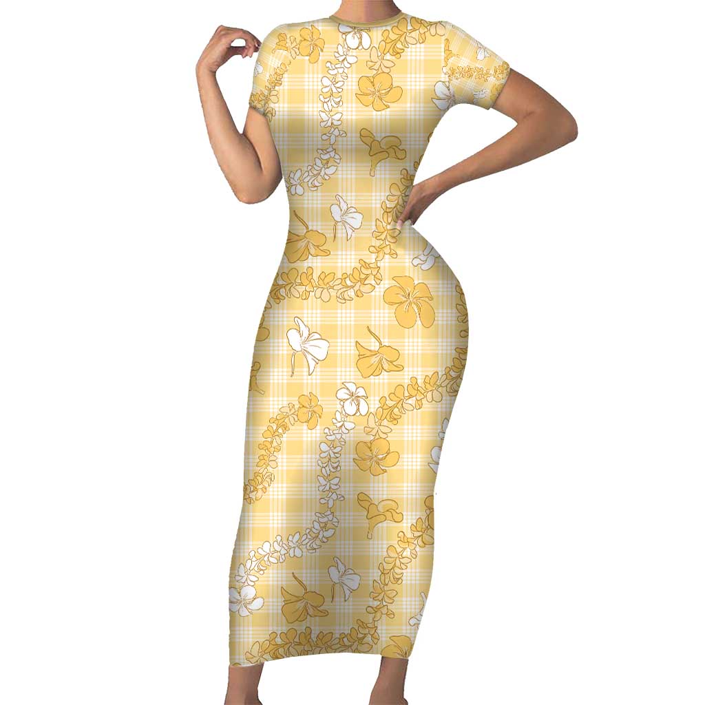 Melemele Aloha Hawaii Short Sleeve Bodycon Dress Plumeria Lei With Palaka Motif - Polynesian Pride
