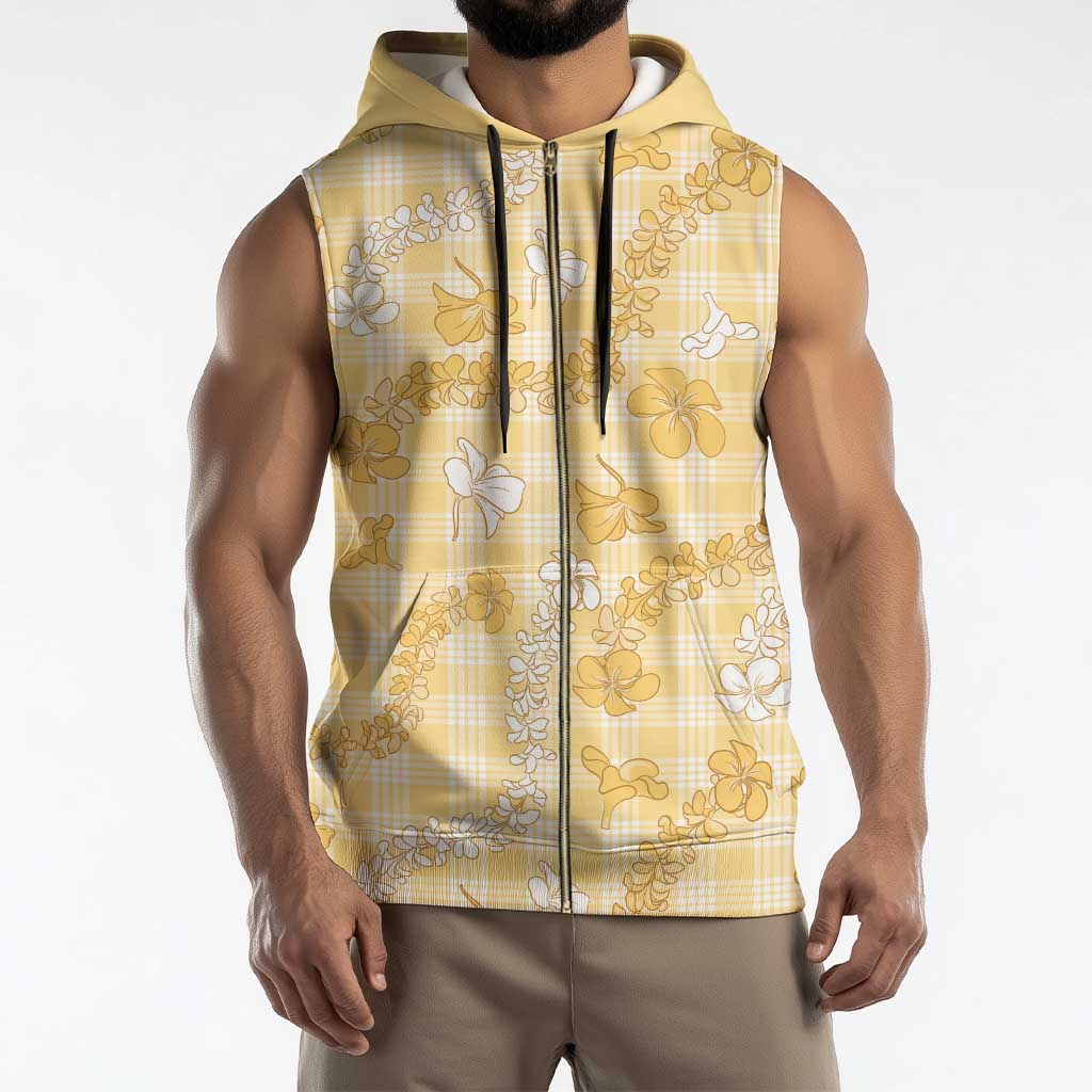 Melemele Aloha Hawaii Sleeveless Zip Hoodie Plumeria Lei With Palaka Motif - Polynesian Pride