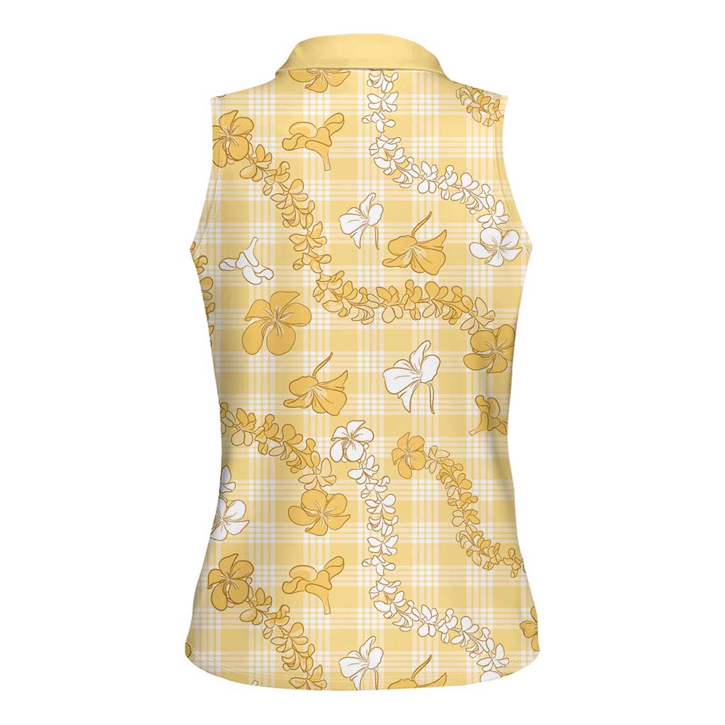 Melemele Aloha Hawaii Women Sleeveless Polo Shirt Plumeria Lei With Palaka Motif - Polynesian Pride