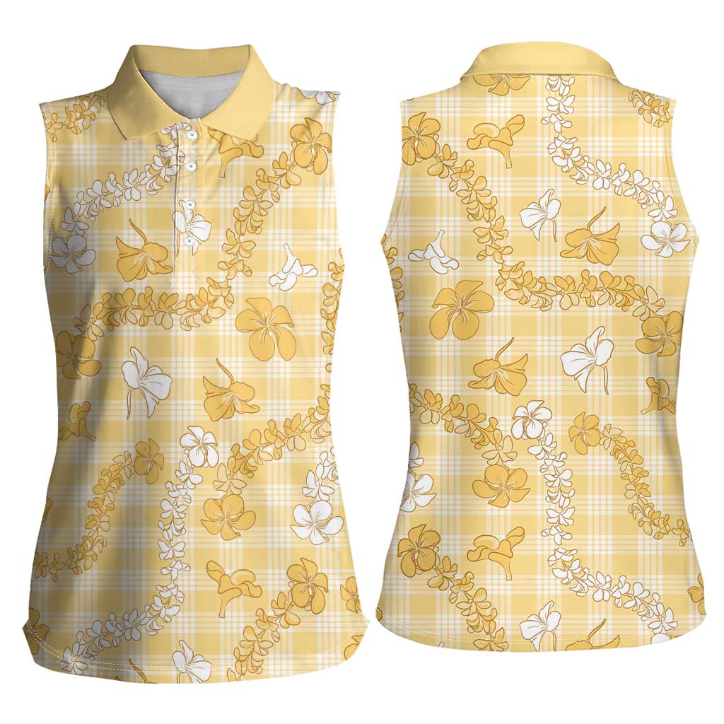 Melemele Aloha Hawaii Women Sleeveless Polo Shirt Plumeria Lei With Palaka Motif - Polynesian Pride