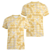 Melemele Aloha Hawaii Women V-Neck T-Shirt Plumeria Lei With Palaka Motif - Polynesian Pride