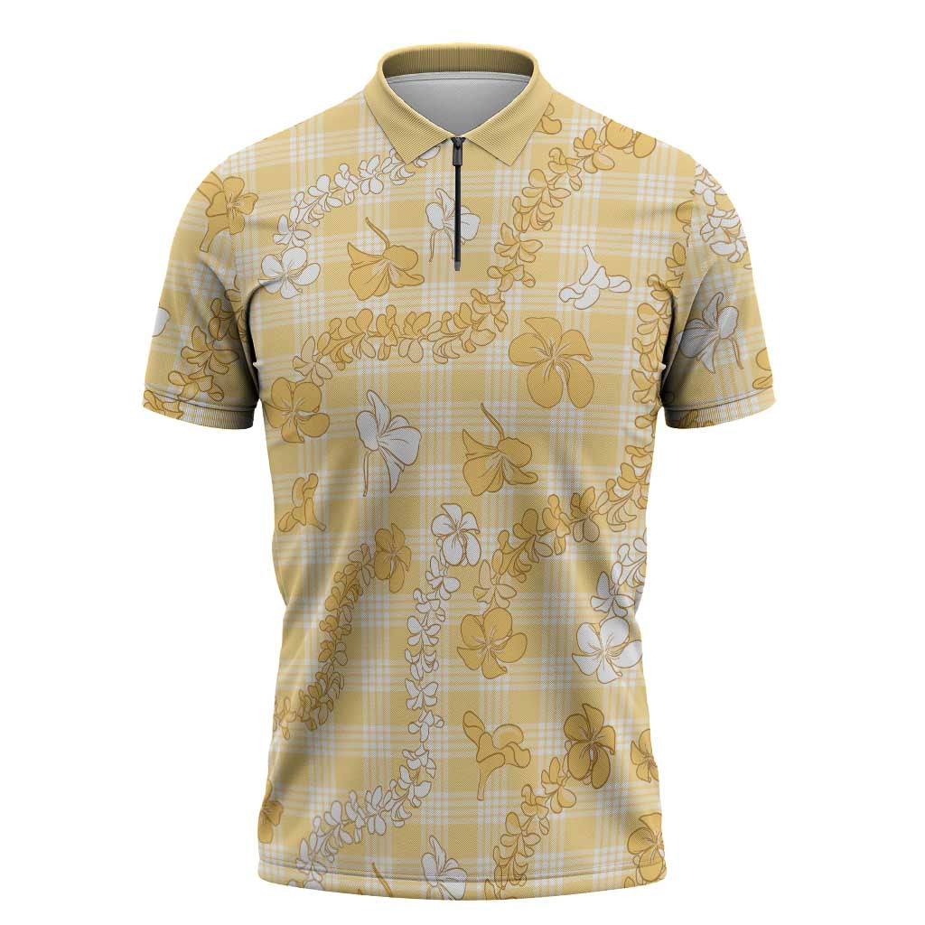 Melemele Aloha Hawaii Zipper Polo Shirt Plumeria Lei With Palaka Motif - Polynesian Pride