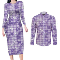 Poni Aloha Hawaii Couples Matching Long Sleeve Bodycon Dress and Long Sleeve Button Shirt Plumeria Lei With Palaka Motif - Polynesian Pride