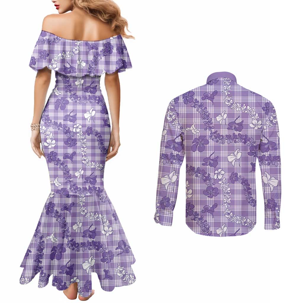 Poni Aloha Hawaii Couples Matching Mermaid Dress and Long Sleeve Button Shirt Plumeria Lei With Palaka Motif - Polynesian Pride