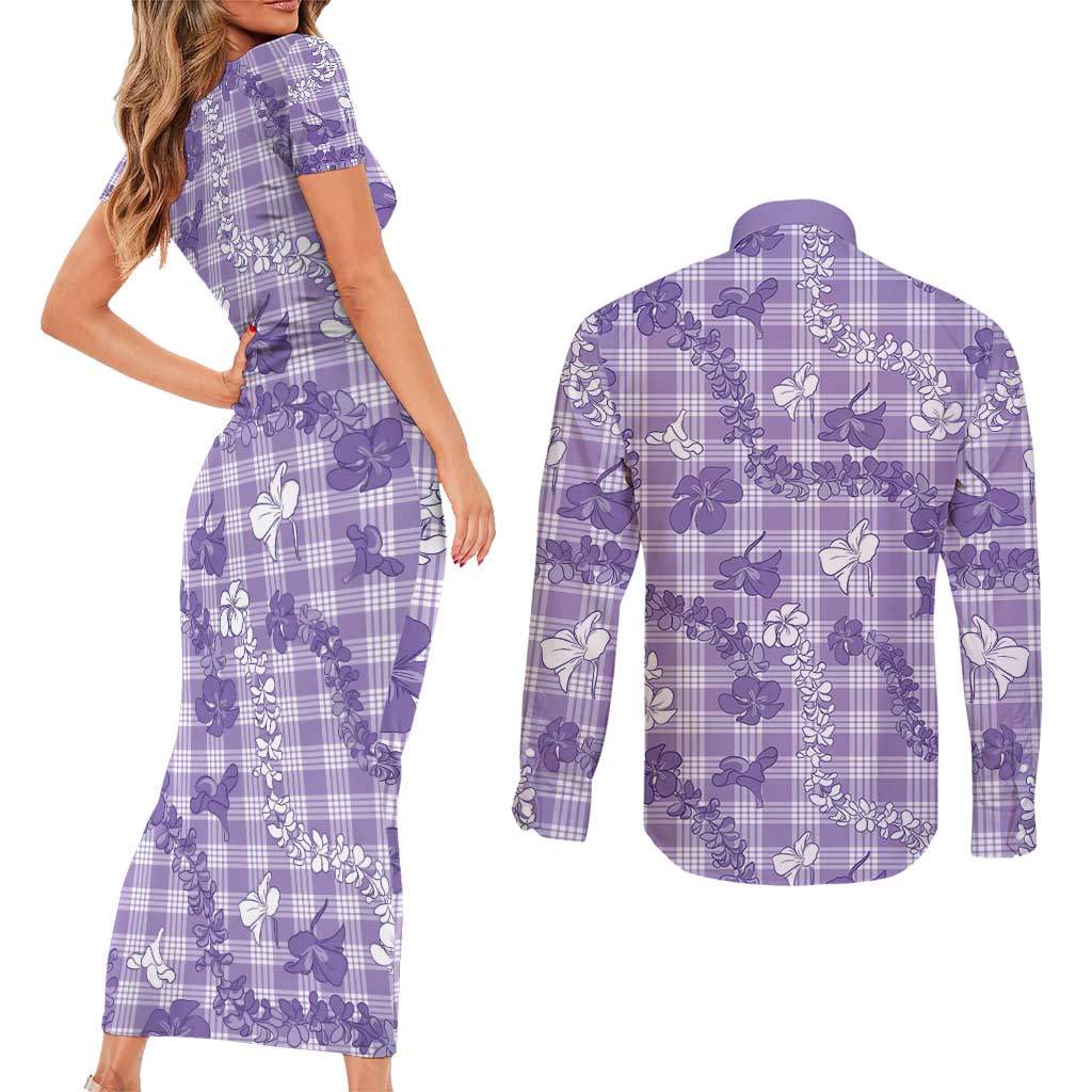 Poni Aloha Hawaii Couples Matching Short Sleeve Bodycon Dress and Long Sleeve Button Shirt Plumeria Lei With Palaka Motif - Polynesian Pride