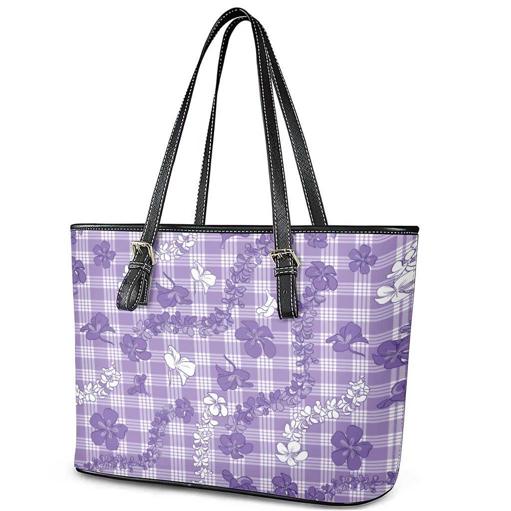 Poni Aloha Hawaii Leather Tote Bag Plumeria Lei With Palaka Motif - Polynesian Pride