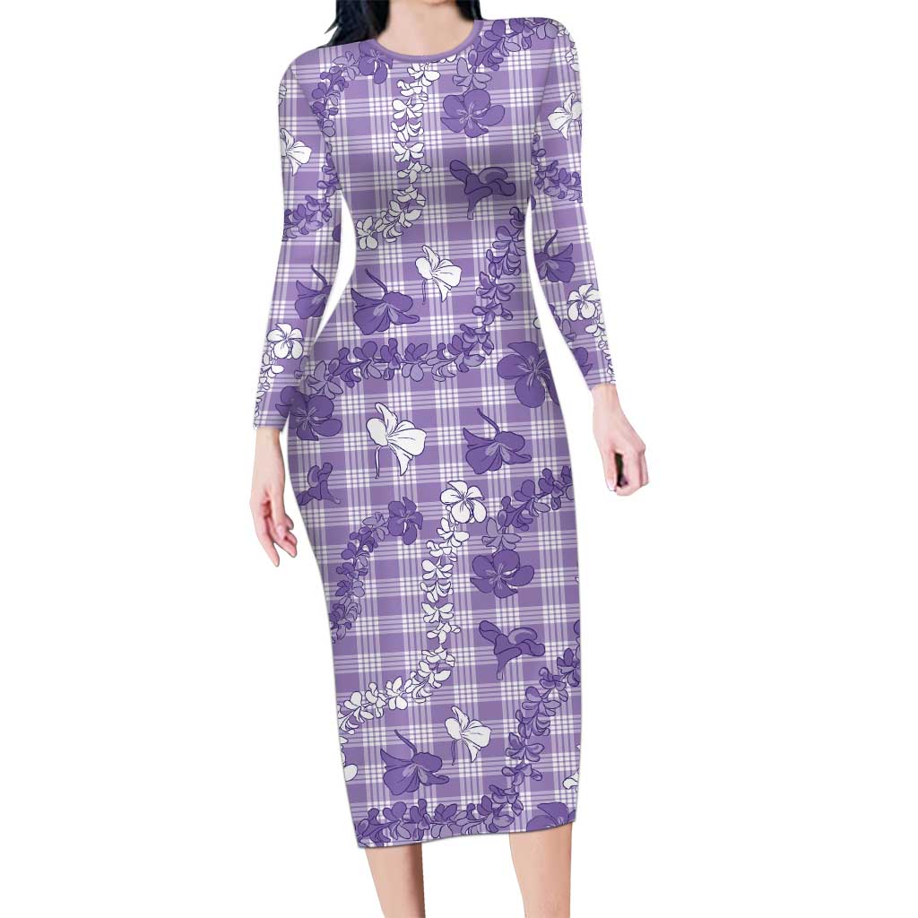 Poni Aloha Hawaii Long Sleeve Bodycon Dress Plumeria Lei With Palaka Motif - Polynesian Pride