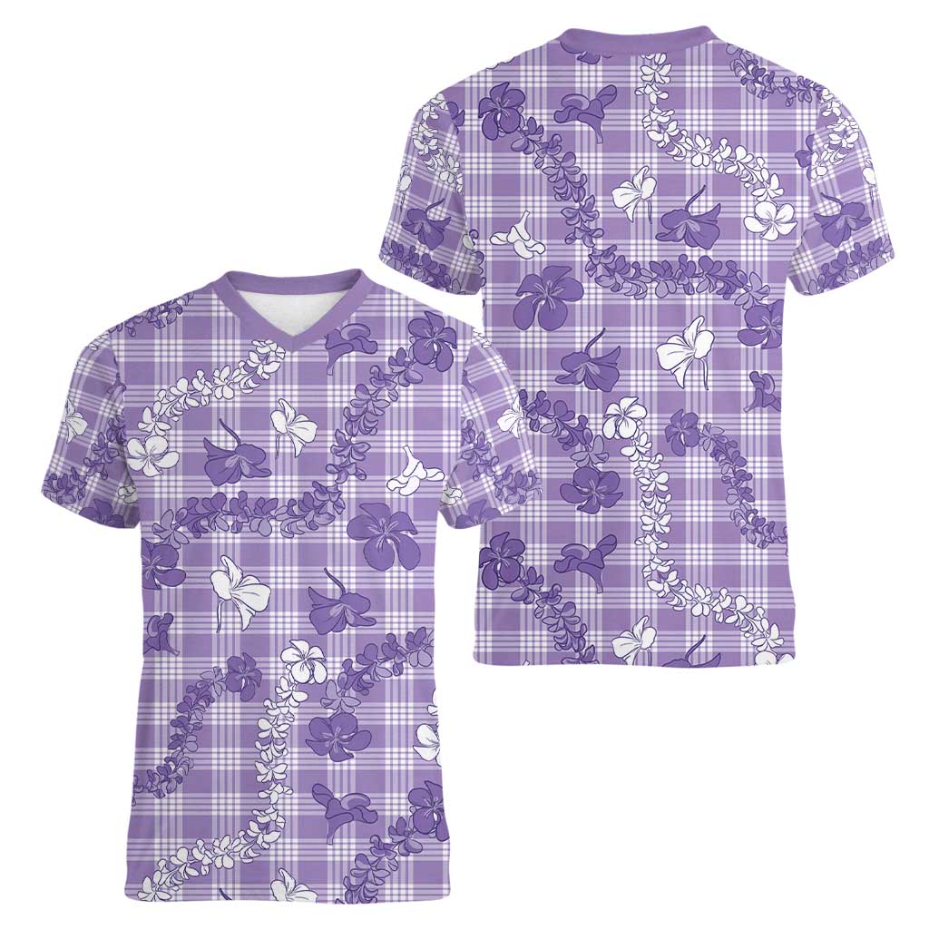 Poni Aloha Hawaii Women V-Neck T-Shirt Plumeria Lei With Palaka Motif - Polynesian Pride