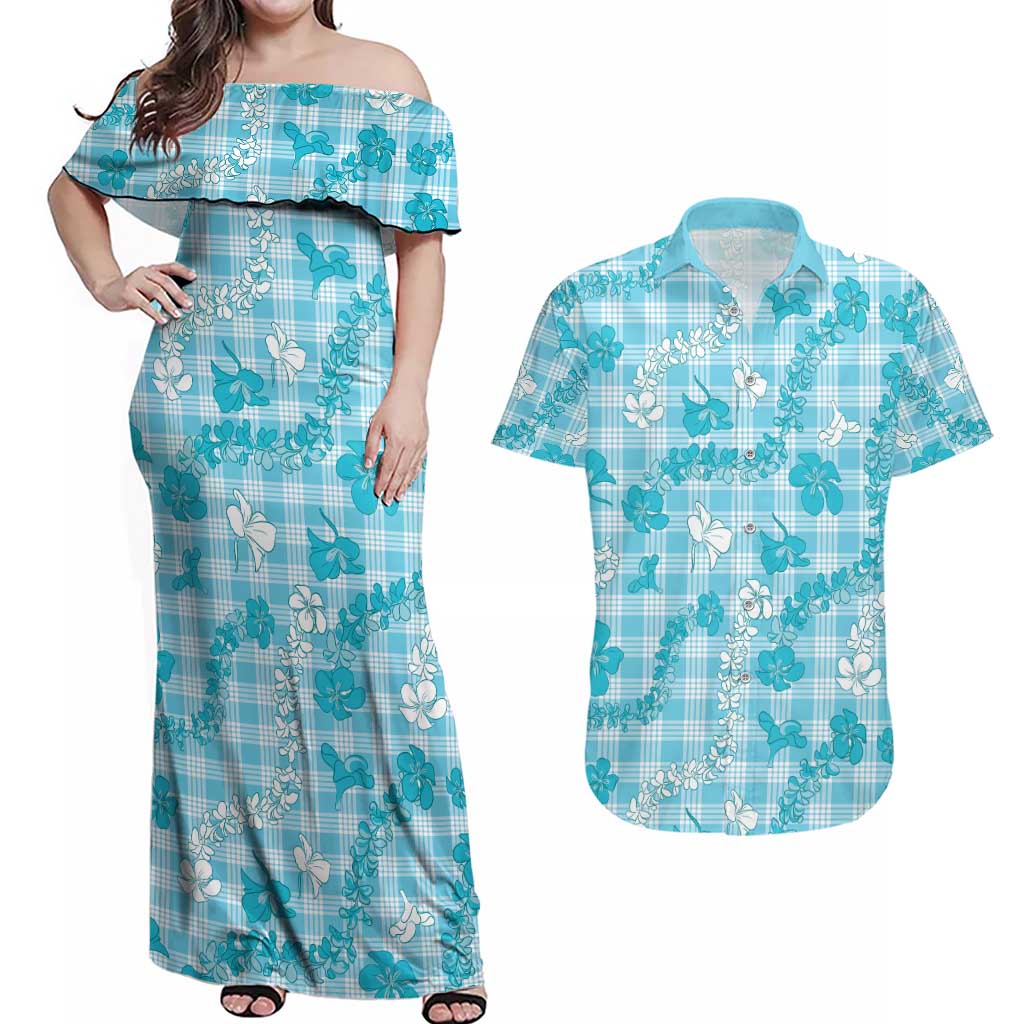 Polu Aloha Hawaii Couples Matching Off Shoulder Maxi Dress and Hawaiian Shirt Plumeria Lei With Palaka Motif - Polynesian Pride