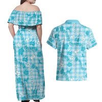 Polu Aloha Hawaii Couples Matching Off Shoulder Maxi Dress and Hawaiian Shirt Plumeria Lei With Palaka Motif - Polynesian Pride