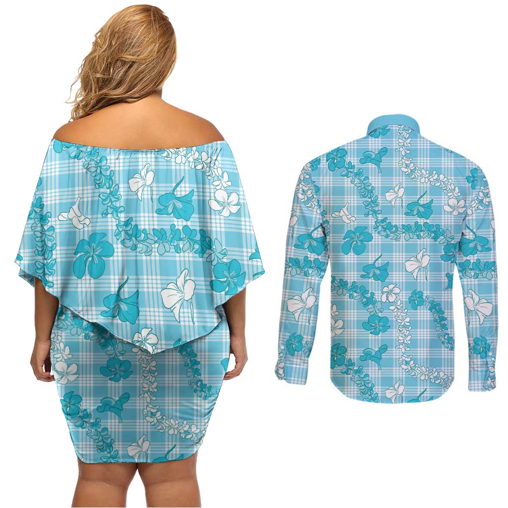 Polu Aloha Hawaii Couples Matching Off Shoulder Short Dress and Long Sleeve Button Shirt Plumeria Lei With Palaka Motif - Polynesian Pride