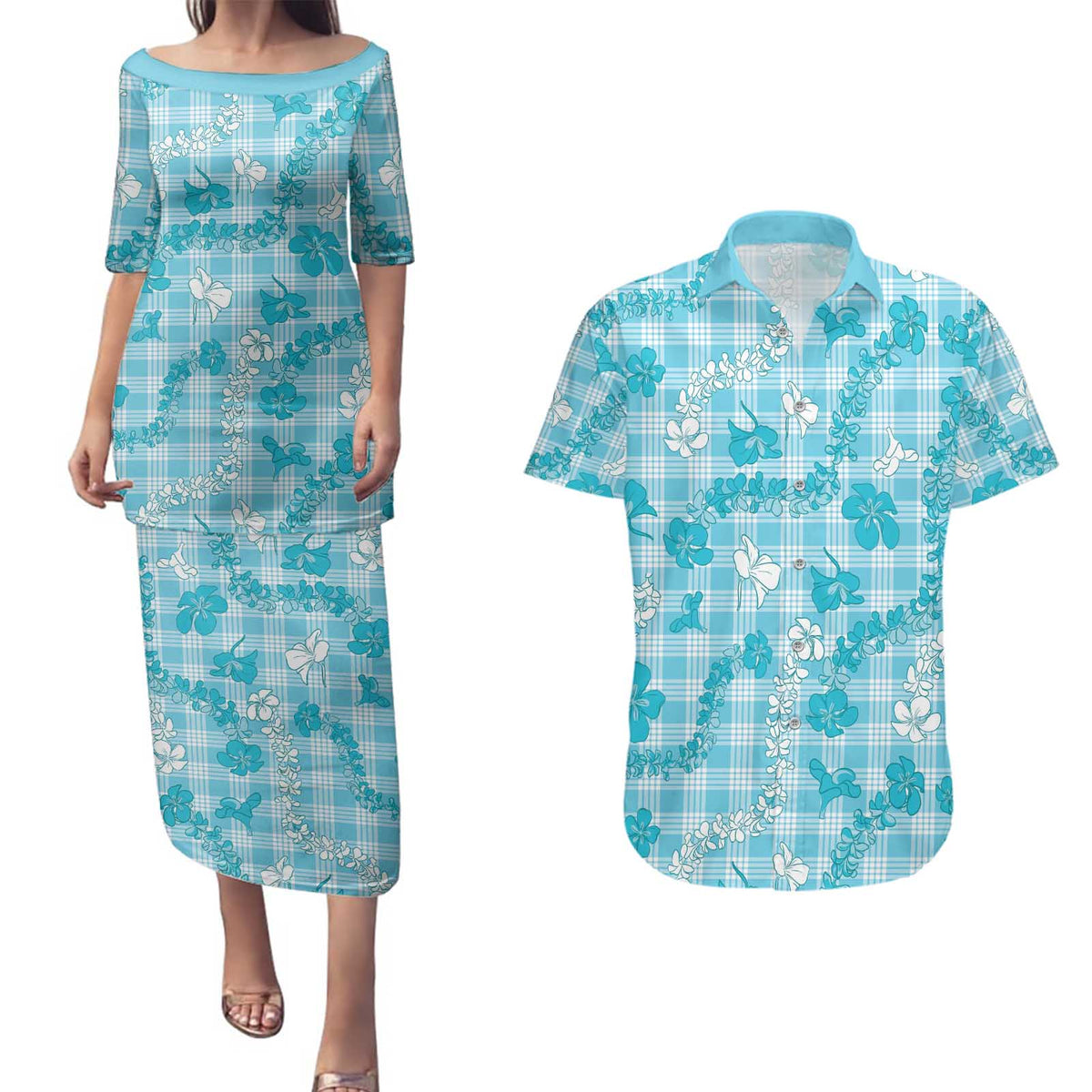 Polu Aloha Hawaii Couples Matching Puletasi and Hawaiian Shirt Plumeria Lei With Palaka Motif - Polynesian Pride