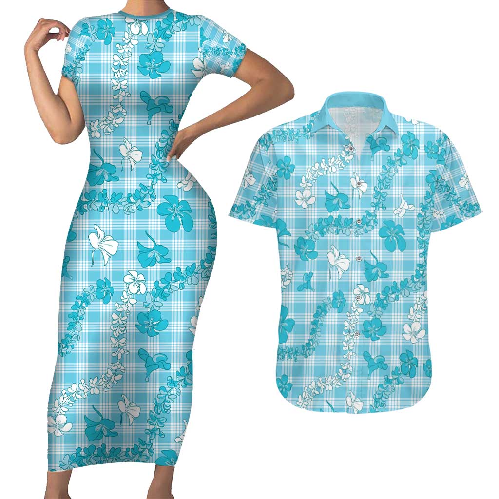 Polu Aloha Hawaii Couples Matching Short Sleeve Bodycon Dress and Hawaiian Shirt Plumeria Lei With Palaka Motif - Polynesian Pride