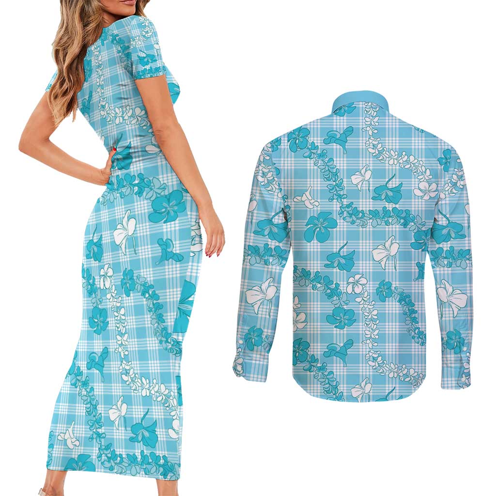 Polu Aloha Hawaii Couples Matching Short Sleeve Bodycon Dress and Long Sleeve Button Shirt Plumeria Lei With Palaka Motif - Polynesian Pride