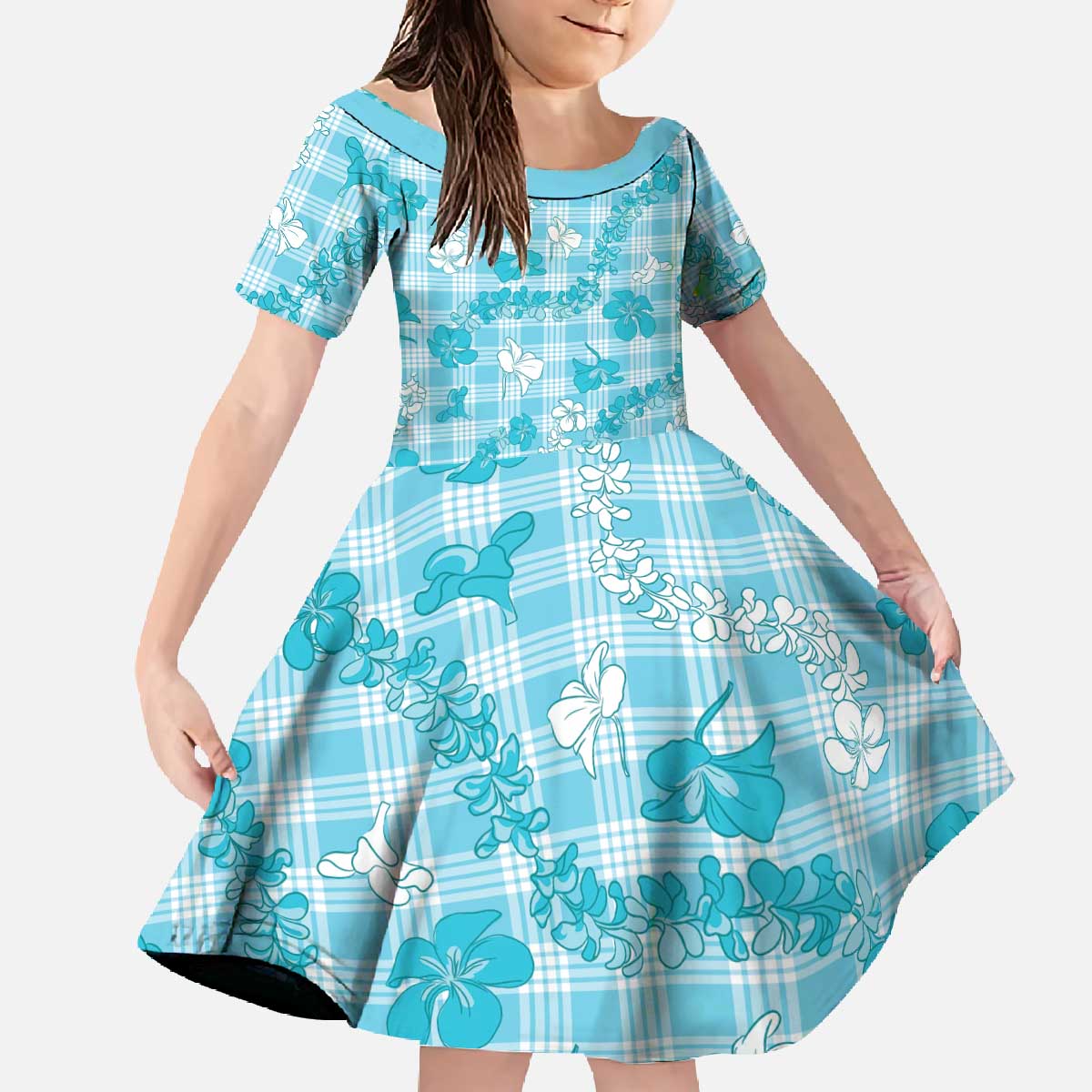 Polu Aloha Hawaii Family Matching Off The Shoulder Long Sleeve Dress and Hawaiian Shirt Plumeria Lei With Palaka Motif - Polynesian Pride